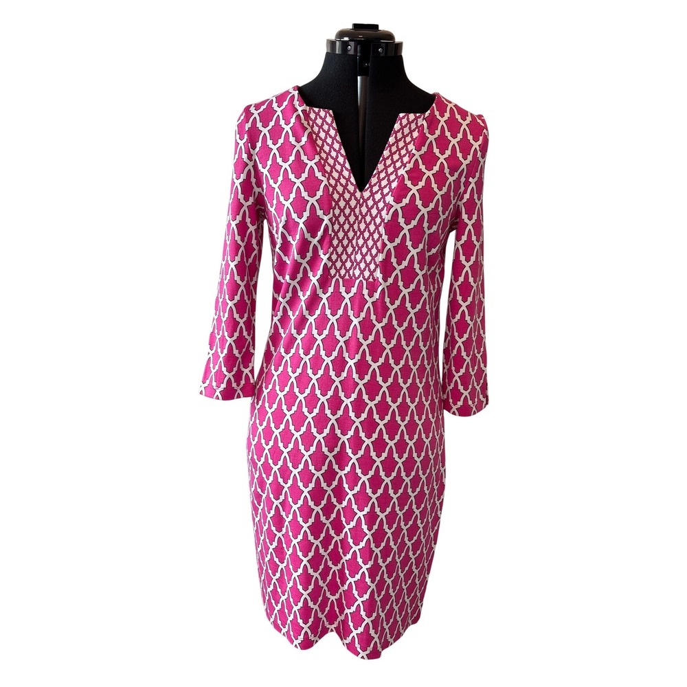 Crown & Ivy Garden Party Signature Pink Geometric V-Neck Shift Dress XS New Mod